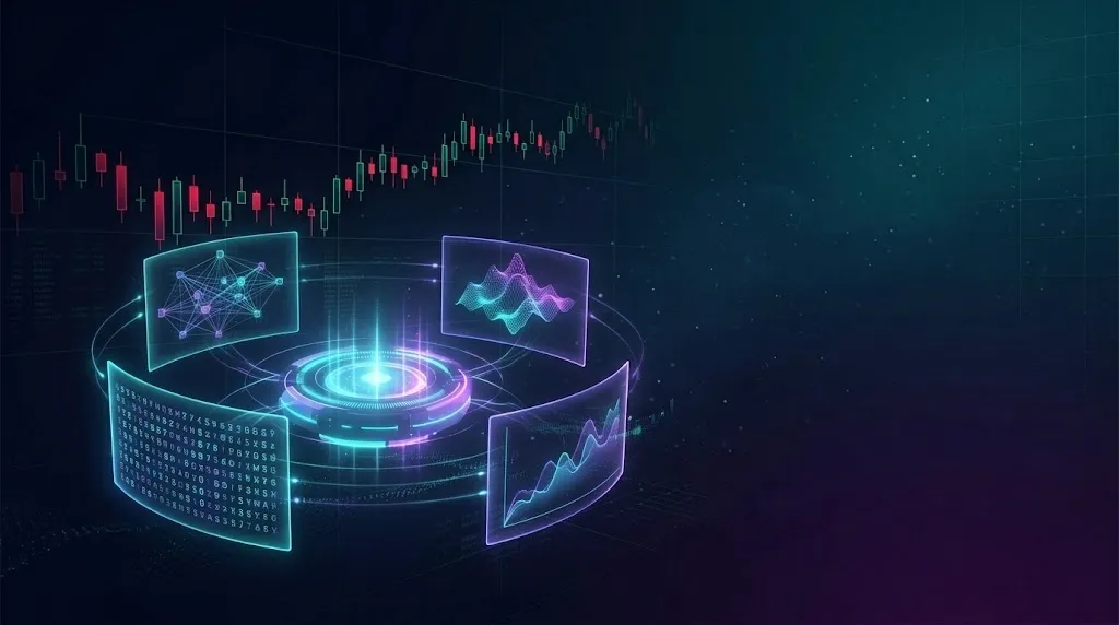 Exelza terminal with a stock chart and analysis panels