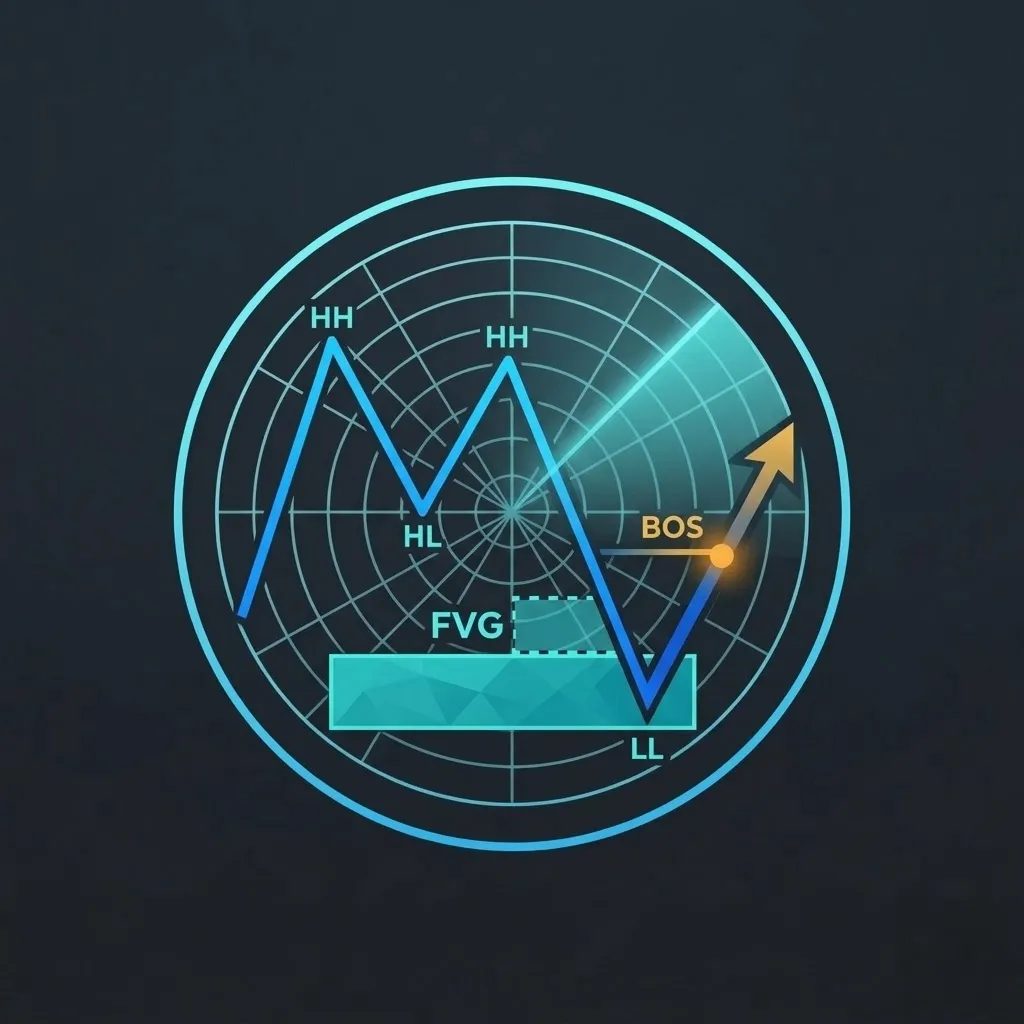 Concept illustration labeling price structure, a fair value gap, and a break of structure